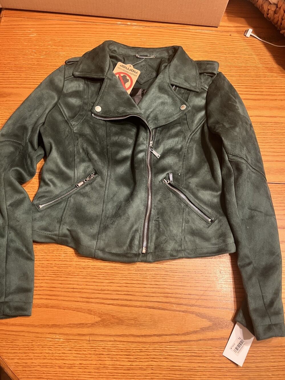 Jou Jou Girls Faux Leather Jacket Green Full Zip Size Medium NWT